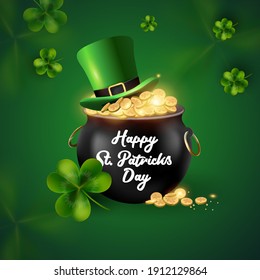 Happy St. Patrick's Day greeting or banner design, coin pot and illustration of a leprechaun hat, three-litre clover on a green blurred background.Vector