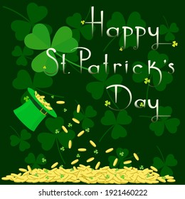 Happy St. Patrick's day greeting card. Gradient text, many gold coins and green hat. Isolated.
