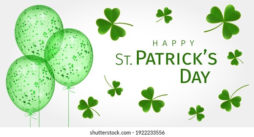 Happy St. Patrick's Day. St. Patricks Day greeting card with flying clover leaves and balloons with confetti on a white background. Irish traditional holiday. 3D Vector Illustration