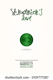 Happy St. Patrick's Day! Greeting card or invitation to a holiday or party. Curly inscription of the holiday with the attribute of the holiday. Gold coin with euro sign. Vector
