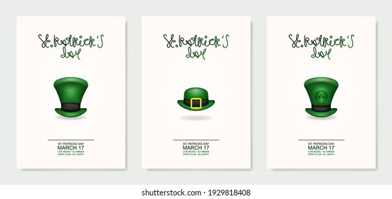 Happy St. Patrick's Day! Greeting card or invitation to a holiday or party. Curly inscription of the holiday with the attribute of the holiday. Patrick's green hat. Vector