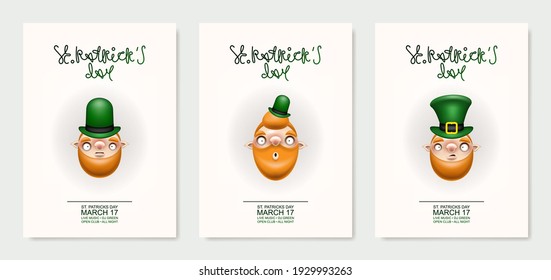 Happy St. Patrick's Day! Greeting card or invitation to a holiday or party. Curly holiday inscription with red head of funny cartoon Patrick. The character's face. Vector