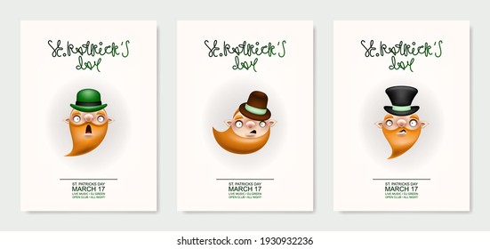 Happy St. Patrick's Day! Greeting card or invitation to a holiday or party. Curly holiday inscription with red head of funny cartoon Patrick. The character's face. Vector