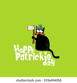 Happy st Patricks day greeting card or banner with Black cat with Patricks hat holding bloody ax isolated on green background. Funny black cat and knife. Patricks day concept illustration