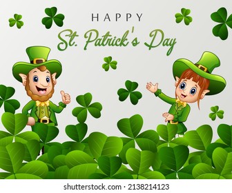 Happy St Patrick's Day greeting with leprechaun and green leaves