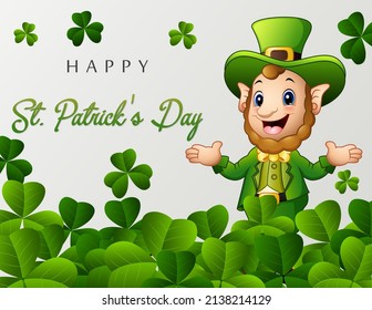 Happy St Patrick's Day greeting with leprechaun and green leaves