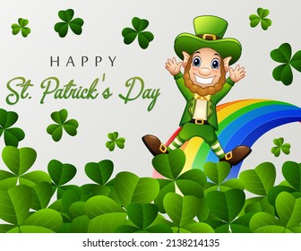 Happy St Patrick's Day greeting with a leprechaun and rainbow