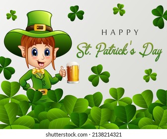 Happy St Patrick's Day greeting with leprechaun holding a glass of beer