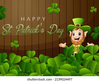 Happy St Patrick's Day greeting with leprechaun and green leaves