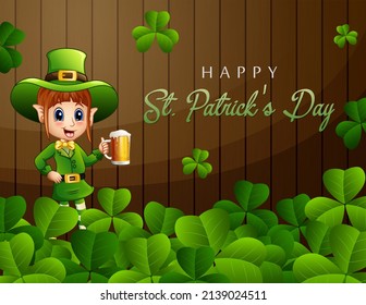 Happy St Patrick's Day greeting with leprechaun holding a glass of beer