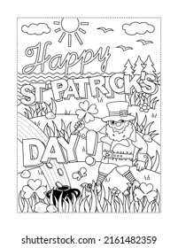 "Happy St Patrick's Day!" greeting coloring page, poster, sign or banner black and white activity sheet 
