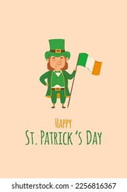 Happy St Patricks Day greeting card with cute leprechaun with irish flag. Flat design vector illustration. Card collection for holiday. Ideal for postcard or invitation