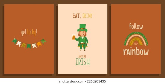 Happy St Patricks Day greeting card set with cute leprechaun with pint of beer, rainbow and garland. Flat design vector illustration. Eat drink and be irish quote. Ideal for postcard or invitation
