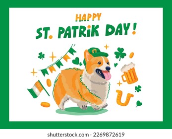 Happy st patrick's day greeting card with corgi dog in handwritten style. Vector illustration. Design layout for invitation, card, menu, flyer, banner, poster, voucher.
