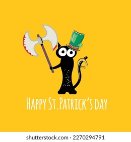 Happy st patricks day greeting card or banner with Black cat with patricks hat holding bloody knife isolated on orange background. Funny black cat and knife . Patricks day concept illustration