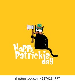 Happy st patricks day greeting card or banner with Black cat with patricks hat holding bloody knife isolated on orange background. Funny black cat and knife . Patricks day concept illustration