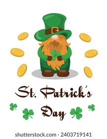 Happy St. Patrick's Day greeting card with a gnome.St Patrick's day Leprechaun.Irish Elf. Illustration, greeting card, vector