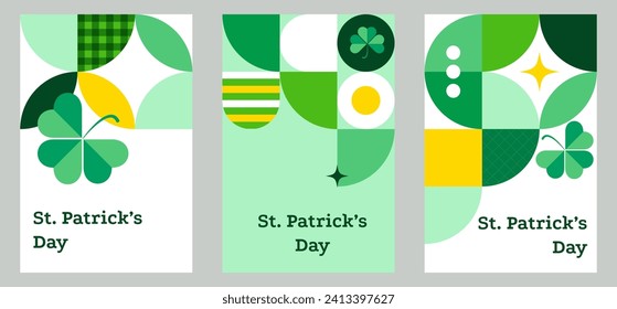 Happy St. Patrick's Day greeting card set. Modern geometric background design. Minimalist style. Flat vector illustration