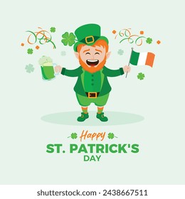 Happy St. Patrick's Day greeting card with funny leprechaun vector illustration. Cheerful leprechaun with beer and irish flag icon. Laughing cute leprechaun cartoon. Template for background, banner