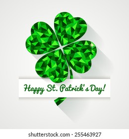 Happy St. Patrick's Day! Greeting card. Low poly clover leaf with long shadow. Vector illustration.
