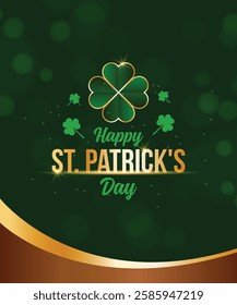 Happy St. Patrick's Day greeting card with green clover vector illustrations. Lucky saint Patrick's concept for banner, poster, template, invitation, tag, label and logo.