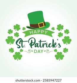 Happy St. Patrick's Day greeting card with green clover vector illustrations. Lucky saint Patrick's concept for banner, poster, template, invitation, tag, label and logo.