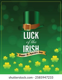 Happy St. Patrick's Day greeting card with green clover vector illustrations. Lucky saint Patrick's concept for banner, poster, template, invitation, tag, label and logo.