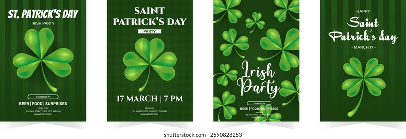 Happy St. Patricks Day greeting card, party invitation posters. Green shamrock, quatrefoil on dark green background. Vertical vector illustration set