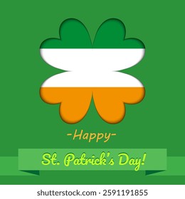 Happy St. Patrick's Day   greeting card with clover vector illustration on green background. Lucky saint Patrick's concept for banner, poster, template, invitation, tag, label.