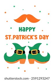 Happy St Patricks Day greeting card, vector illustration. Cute colorful leprechaun elements in Irish colors. Saint Patrick Day March 17 vertical card with text