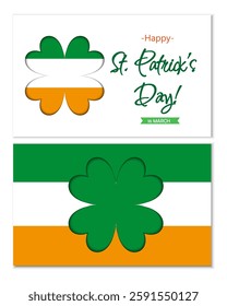 Happy St. Patrick's Day greeting card with clover illustration on white background. Lucky saint Patrick's concept for banner, poster, template, invitation, tag, label.