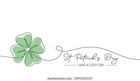 Happy St. Patricks Day greeting card with shamrock. Continuous one line drawing of clover leaf. Holiday Illustration