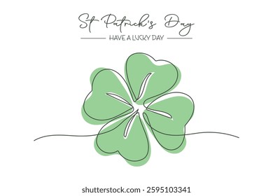 Happy St. Patricks Day greeting card with shamrock. Continuous one line drawing of clover leaf. Holiday Illustration