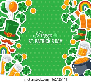 Happy St. Patrick's Day Greeting Card, Banner or Flyer. Vector illustration. Flat Stickers Frame Border