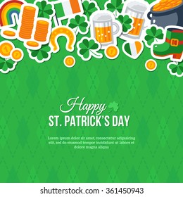 Happy St. Patrick's Day Greeting Card, Banner or Flyer. Vector illustration. Flat Stickers Frame Border