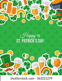 Happy St. Patrick's Day Greeting Card, Banner or Flyer. Vector illustration. Party Invitation Design with Irish Elements Pattern. Typographic Template for Text. Patrick Flat Stickers Frame Border
