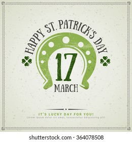 Happy St. Patrick's Day Greeting Card or Flyer with Irish Horseshoe Emblem. Vector illustration. 