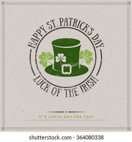 Happy St. Patrick's Day Greeting Card or Flyer. Vector illustration. Party Invitation Design with Leprechaun Hat Emblem.