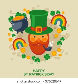 Happy St. Patrick's Day Greeting Card. Vector Illustration. Cute Leprechaun in Green Hat. 