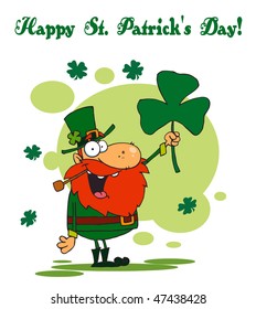 Happy St Patrick's Day Greeting Of A Leprechaun Holding A Clover