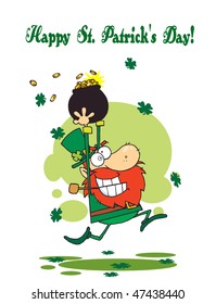 Happy St Patrick's Day Greeting Of A Leprechaun Running With Gold