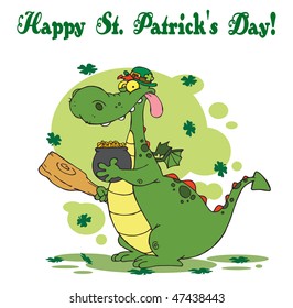 Happy St Patrick's Day Greeting Of A Leprechaun Dragon With A Mace And Gold
