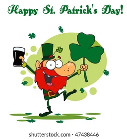 Happy St Patrick's Day Greeting Of A Leprechaun With Beer And A Clover