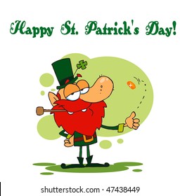 Happy St Patrick's Day Greeting Of A Leprechaun Flipping A Coin