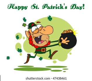 Happy St Patrick's Day Greeting Running With A Pot Of Gold