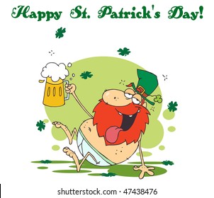 Happy St Patrick's Day Greeting Of A Tipsy Leprechaun In His Underwear, Holding Up A Beer
