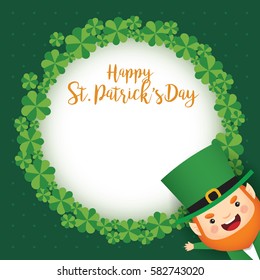 Happy St. Patrick's Day greeting card template. Cute Leprechaun and clover wreath on green polka dot background. 17 march vector illustration.