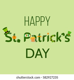 Happy St. Patrick's day! Greeting card. Poster with funny characters. Vector illustration