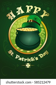 Happy St. Patrick's Day. Greeting card. Green pot with gold coins and green leprechaun hat. Green background with the symbols of St. Patrick's Day. Vector illustration