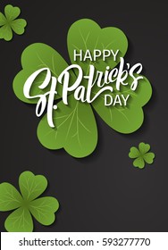 Happy St. Patrick's Day greeting. Lettering St. Patrick's Day on a dark background with shamrock. Vector illustration